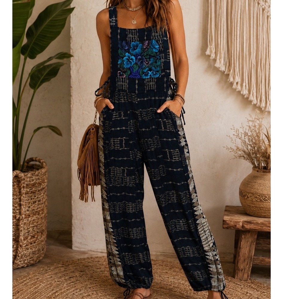 Vintage Guatemala Ikat Jumper Overalls Floral Embroidered Patchwork folk boho M